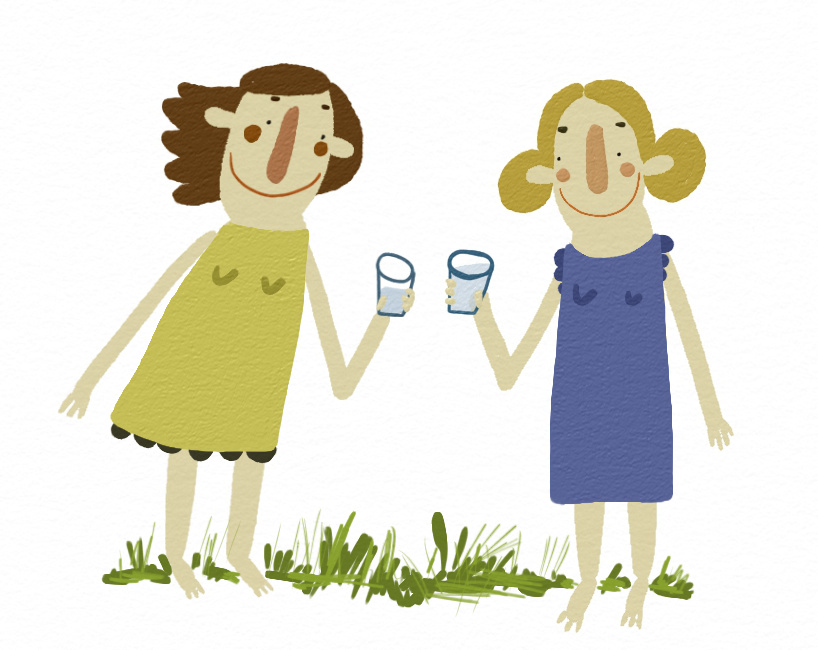 Dwie kobiety w sukienkach ze szklankami w dłoniach